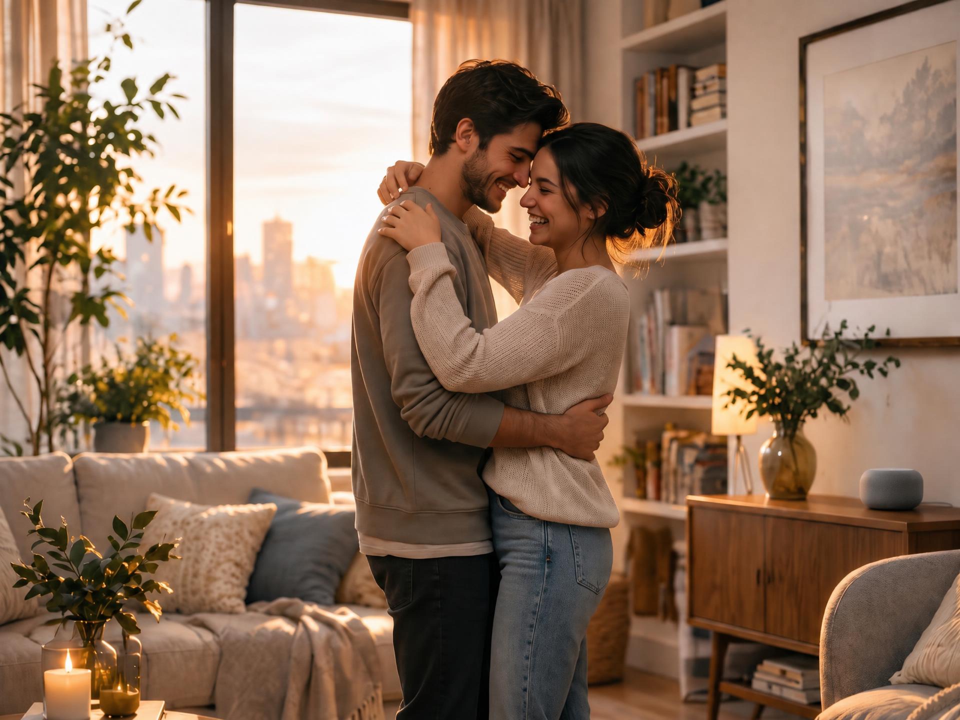 Pareja abrazada con ternura en su sala al atardecer